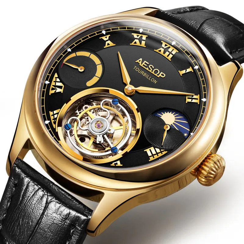 Высококачественные Tourbillon часы с копейкой, мужские роскошные многофункциональные часы с Луной и телефоном, механические часы, мужские часы montre homme 7001 - Цвет: Black  gold