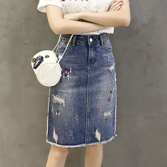 Ryseleco Spring New Ripped Hole Pleated Women Denim Skirt Fashion Rough ...