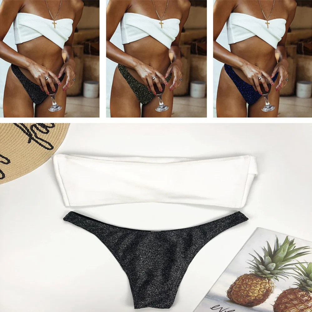 WADE SEA Flashing Silk Knit Underpants Simple Wraped Chest Swimsuit Two Pieces Bikini Swimwear Brazilian Set Beach Wear |