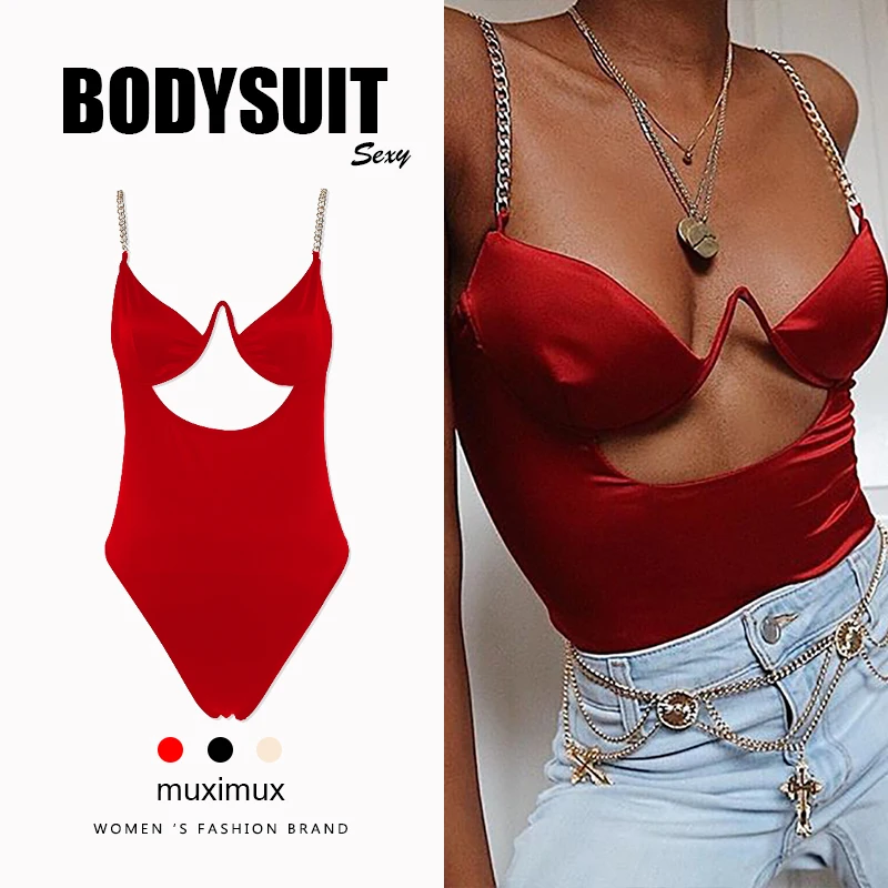 

2019 Summer Women Sexy Bodysuit Silk Spaghetti Strap Solid Black Red Club Bodysuit Body For Women Short Jumpsuit