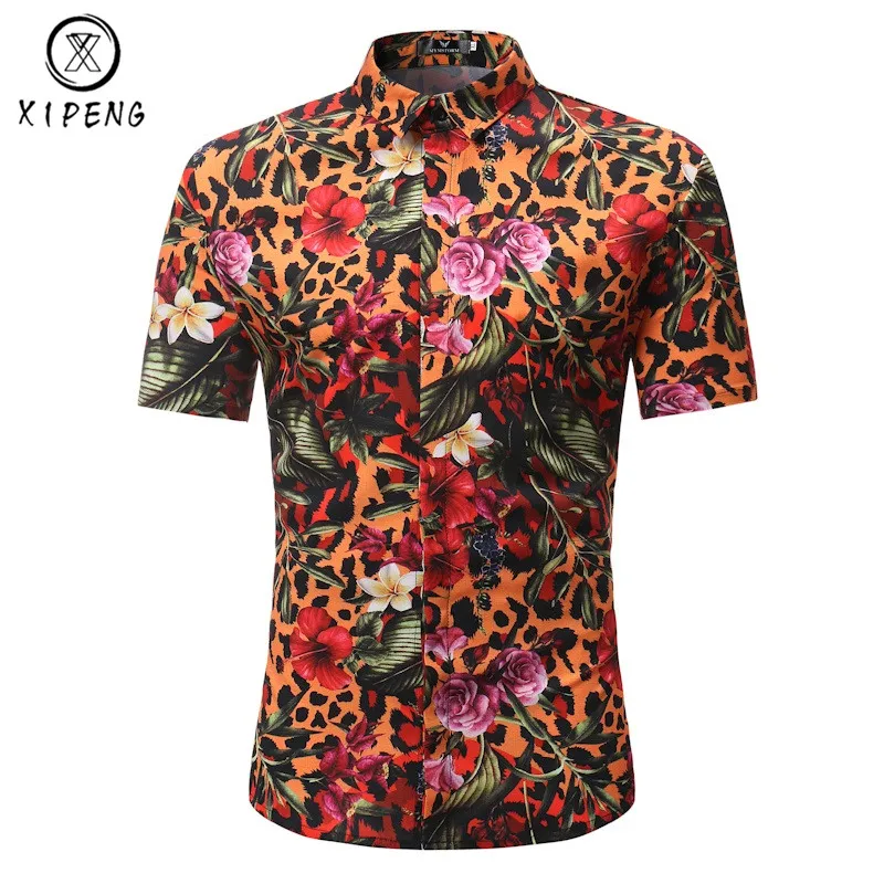 Новый Лето 2019 г. Мужская рубашка с коротким рукавом Leopard модные мужские рубашки camisa masculina одежда высшего качества Мужская гавайская рубашка
