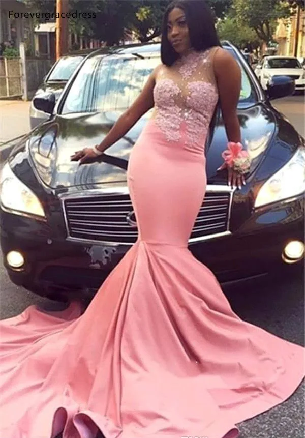 Pink Mermaid Prom Dresses South African Nigeria New Sheer Neck Sequins Appliques Top Long Evening Gowns Plus Size Vestidos BC0914  129 (6)