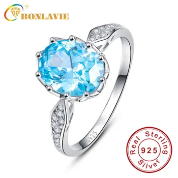 

BONLAVIE Silver 925 Jewelry 4ct Heart of Ocean Topaz Gem Blue Stone Rings Fashion Accessories Wholesale for Women