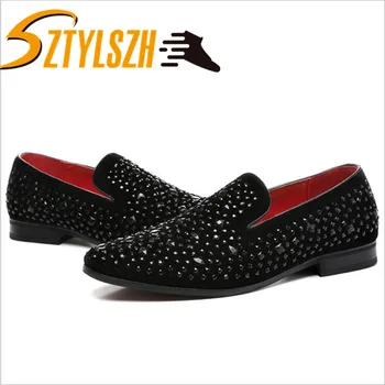 

2019 Fashion Men dress shoes PUNK rivet Rhinestone Black Party Wedding Shoes Pointed toe flats Driving Shoes Loafers 37-48