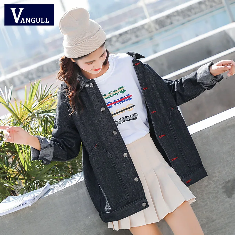 

Vangull Women Denim Jacket Black Loose Coat Casual Vintage Denim Female Outwear 2019 Solid Color Single Breasted Jacket Spring