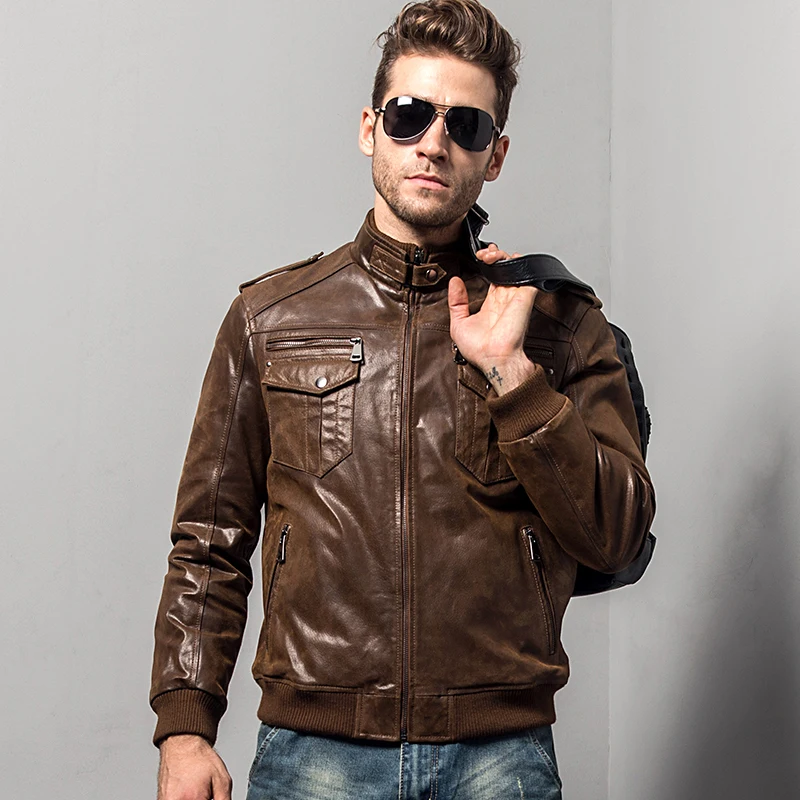 Men Leather Jacket Pigskin Motorcycle Real Leather Winter Warm Coat