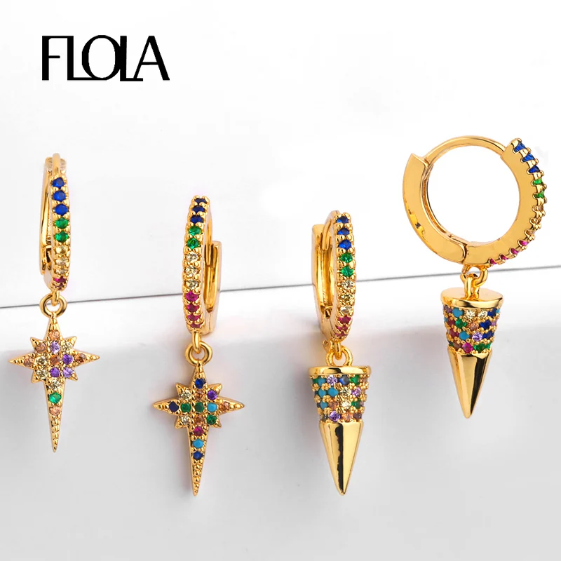 

FLOLA Gold Filled Star Rainbow Earrings Huggies Girls Gothic Nail Stud Earrings Rainbow Pave Jewelry pendientes arcoiris erq29