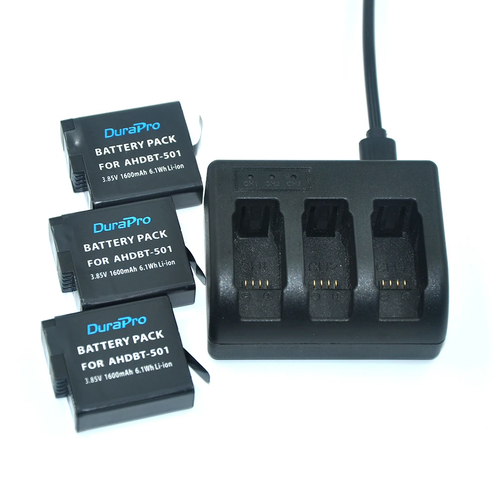 

DuraPro 3pcs 1600mAh AHDBT-501 Rechargeable Battery + 3-Channel USB Charger with Type-C Port for Gopro5 Hero5 Action Cameras