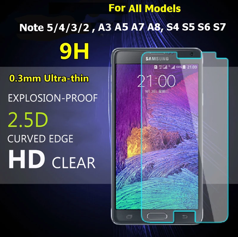 

Clear 0.3mm Tempered Glass for Samsung Note 4 5 3 2 S3 S4 S5 S6 S7 Samsung A3 A5 A7 A8 G530 J1 J2 J3 J5 J7 G530 Screen Protector