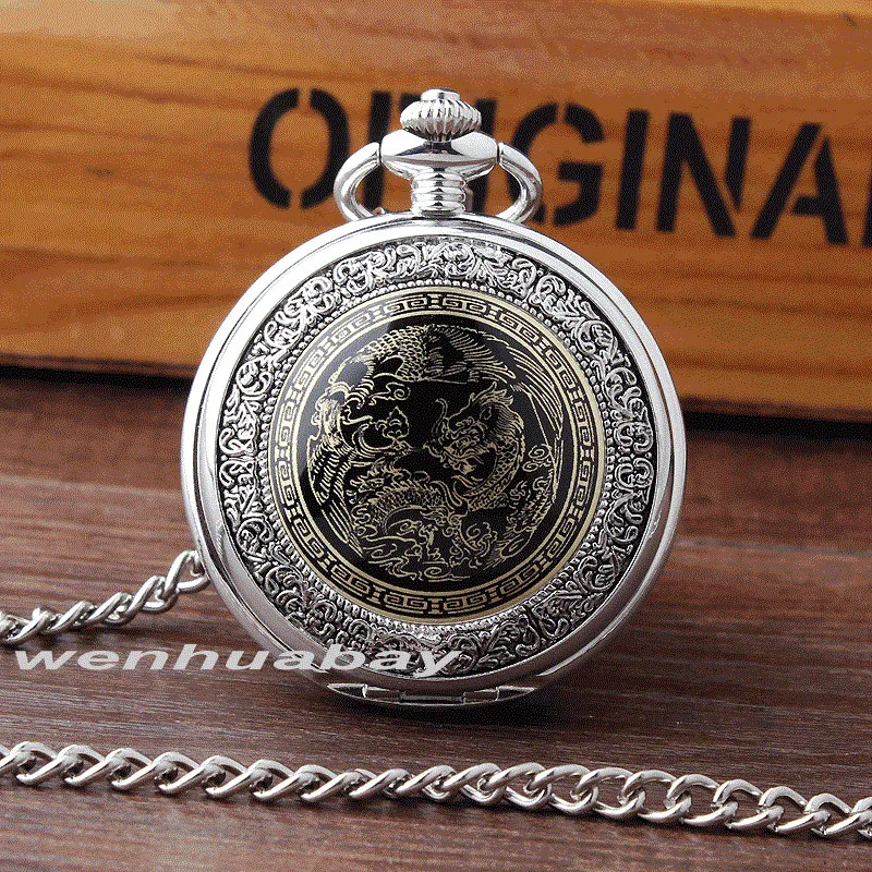 

NEW Arrival Bronze Fiery Dragon Pattern White Dial Men Lady Quartz Pocket Watch Pendant FOB Chain Best Gifts P328