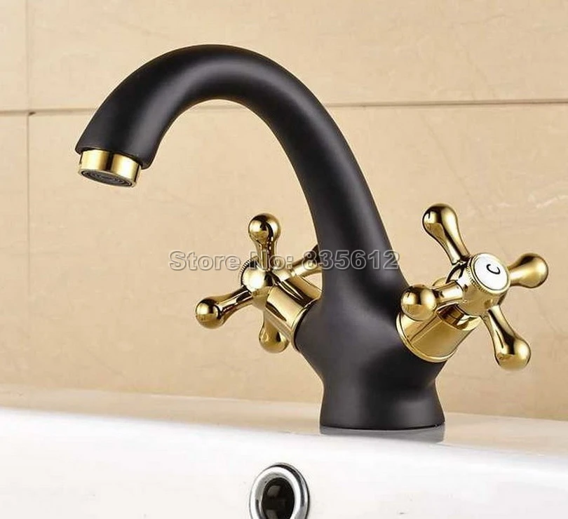 

Gooseneck Style Bathroom Basin Faucet Black Oil Rubbed Bronze & Gold Color Brass Dual Handles Vessel Sink Mixer Tap Wnf806