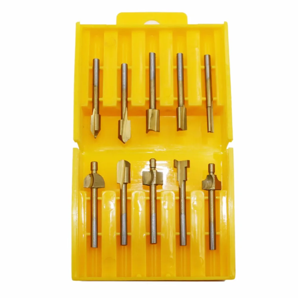 10pcs 1/8" HSS Titanium Coated Woodworking Router Bits Wood Cutter