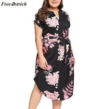Свободное платье из страуса, модное повседневное женское платье большого размера с v-образным вырезом, с поясом, с цветочным принтом, с изогнутым подолом, повседневное свободное платье