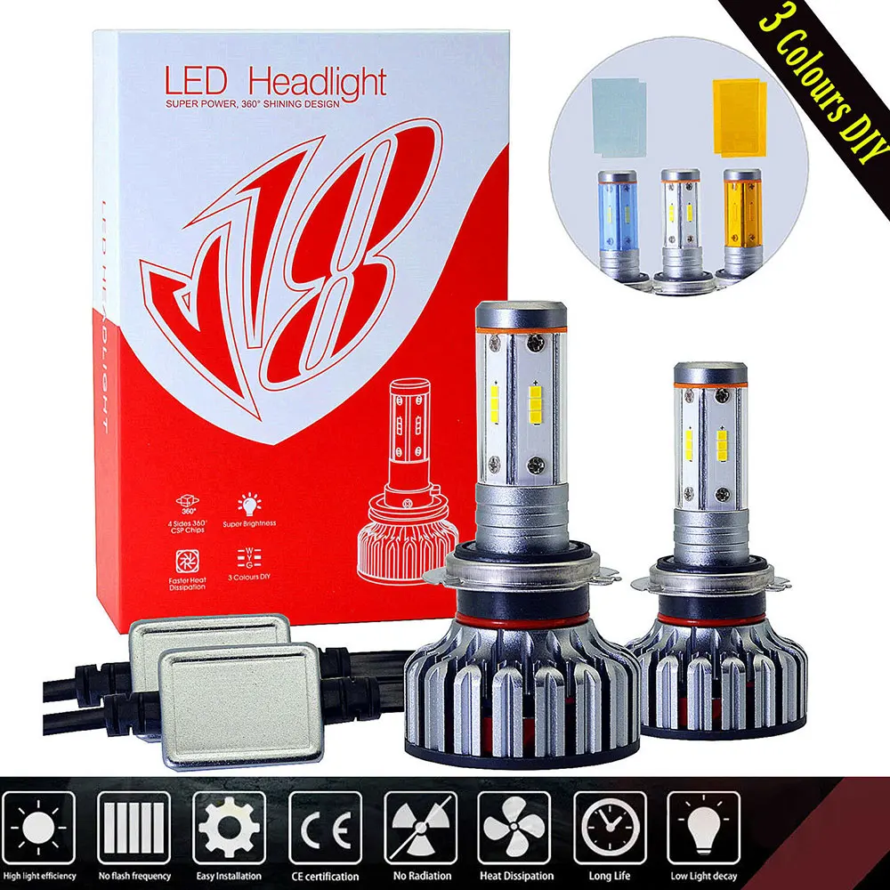 

3 Colors H7 4 Sides LED Headlight Kits 3000K Yellow/6000K White/8000K Blue Hi/Low Beams Bulbs 120W 12800lm Replacement