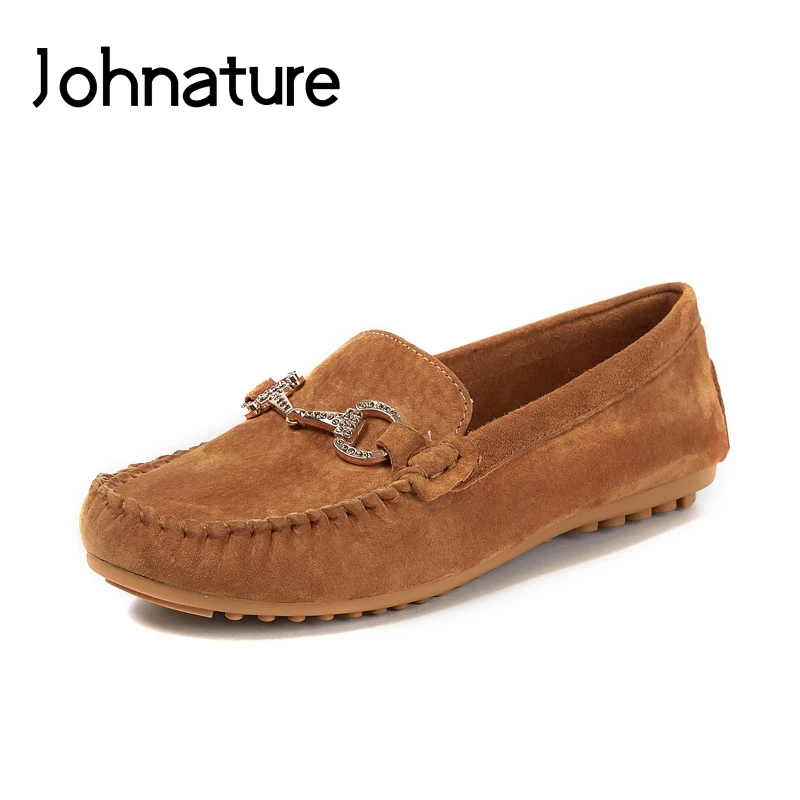 

Johnature 2019 New Spring/Autumn Genuine Leather Casual Solid Sewing Metal Decoration Round Toe Slip-on Flats Women Shoes