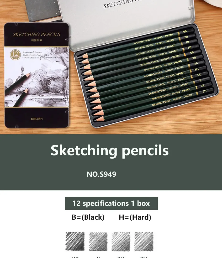 Seguro e Não tóxico Deli Conjunto Desenho Esboçar Lápis 2h 8b Lápis Padrão Macio Escola Escritório Lápis Profissional 17 Lápis padrão