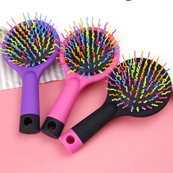 

High Quality 1pc Rainbow Volume Anti-static Magic Detangler Hair Curl Straight Massage Comb Brush Styling Tools With Mirror