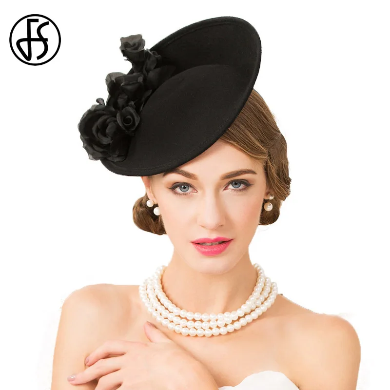 FS Black 100 Wool Hats For Women Elegant Vintage Wedding Pillbox Hat