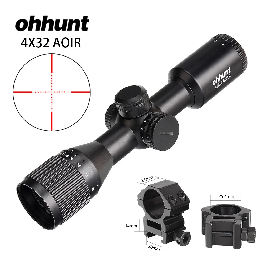 Ohhunt 4X32 AOIR компактный прицел для винтовки Mil Dot красная и зеленая подсветка охотничья оптика оптические прицелы заполняющий азот область с кольцами - Цвет: with Picatinny Rings