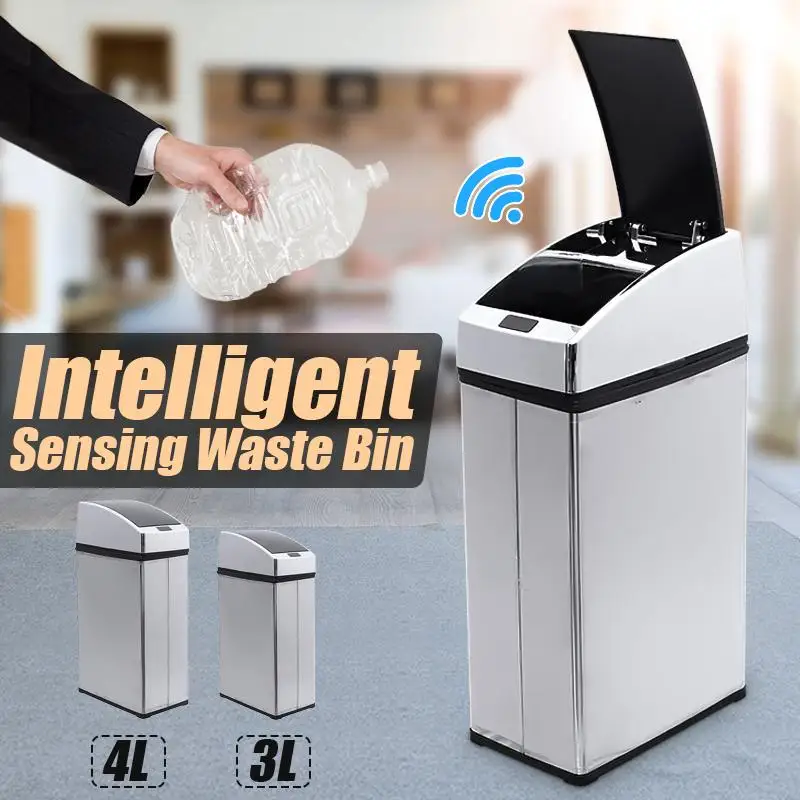 

3L 4L Smart Sensor Trash Can Square Automatic Wireless Induction Stainless Steel Battery Power Power Dustbin Household Kitchen