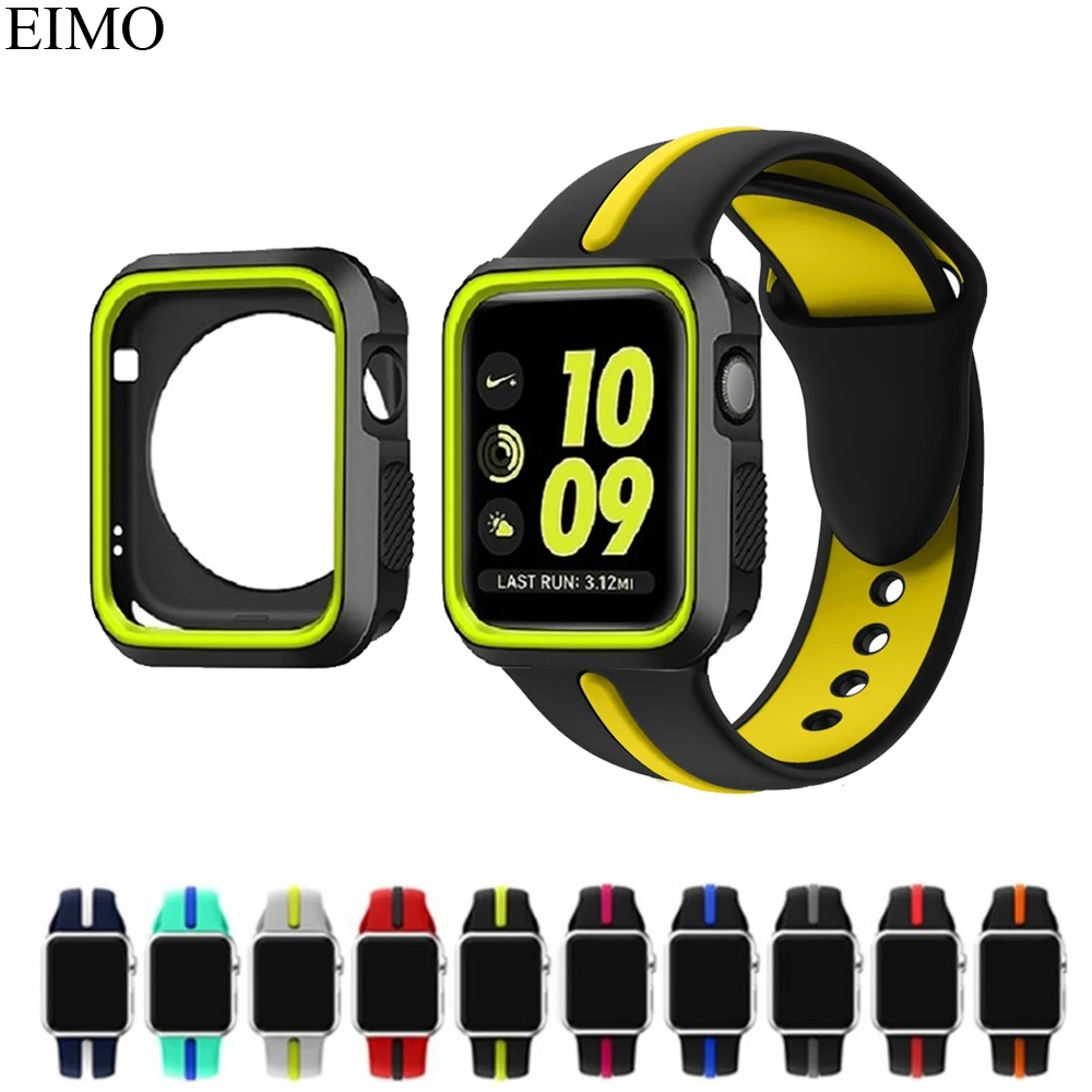 

EIMO Silicone Sport Strap For Apple watch band case 42mm 38mm iwatch series 3 2 1 wrist bands bracelet belt Protective cover