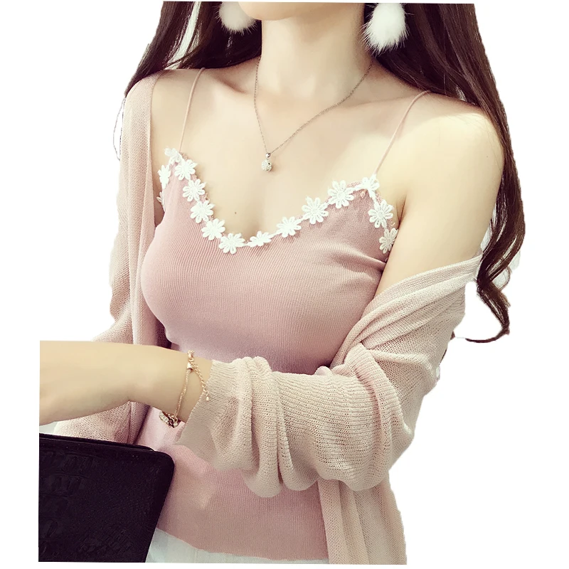 

Summer Women Knitting Solid Camis Tops Patchwork Lace V-Neck Sleeveless Tee shirts Girls Solid Tank Tops Knitwear