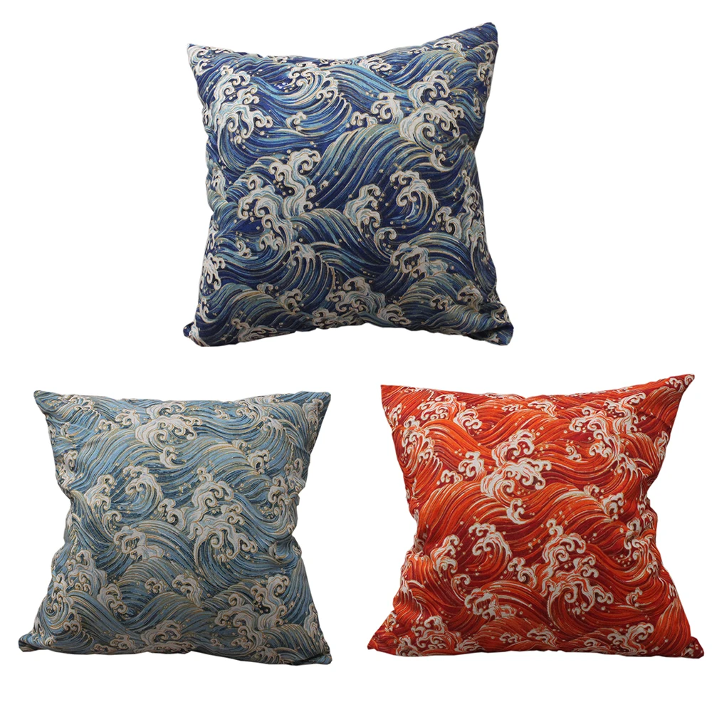 

CURCYA Sea Wave Japanese Culture Pattern Cushion Covers Like Linen Throw Pillow Cover Case for Home Room Decoration