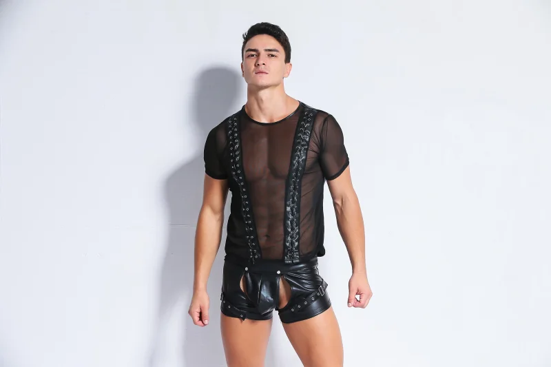 Sexy Costumes Exotic Tanks for Men Transparent Club Pole Dance Pu Leather Plus Size Lingerie Sexy Hot Erotic Medias(Just Tops