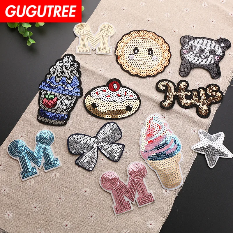 

GUGUTREE embroidery Sequins sun M star patches bowknot cake ice cream patches badges applique patches for clothing YX-258