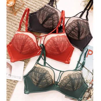 

3 colors sexy hollow out adjustable push up gather underwear women lingerie lash deep-v neck wireless ladies bra and panty set