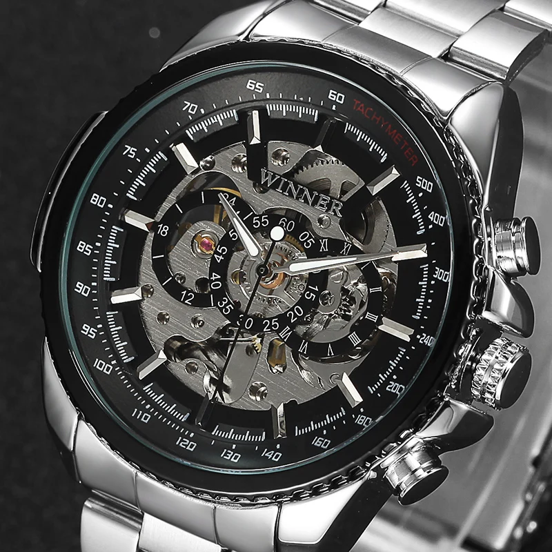 Luxury Brand Skeleton Mechanical Watch Men Black Full Steel Sports