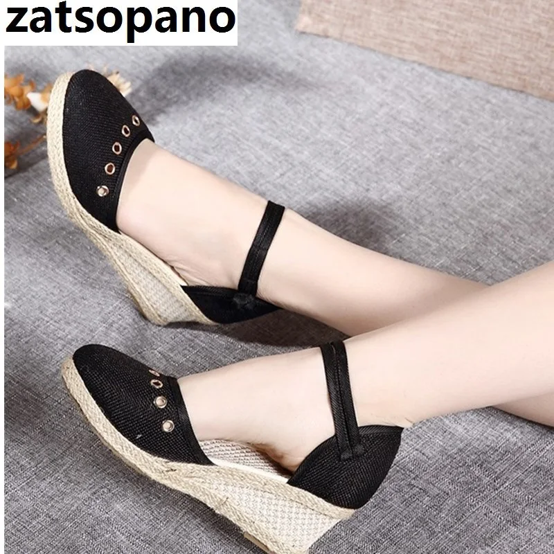 

Brand 2019 Women Pump Casual Linen Canvas Wedge Sandals Summer Solid Color Close Toe Ankle Strap Med Heel Ladies Platform Shoes