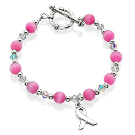 

PBL022(100), Promotional Gift Breast Cancer Prevention/Awareness Compaign Cats-eye Beads Pink Ribbon Bracelet