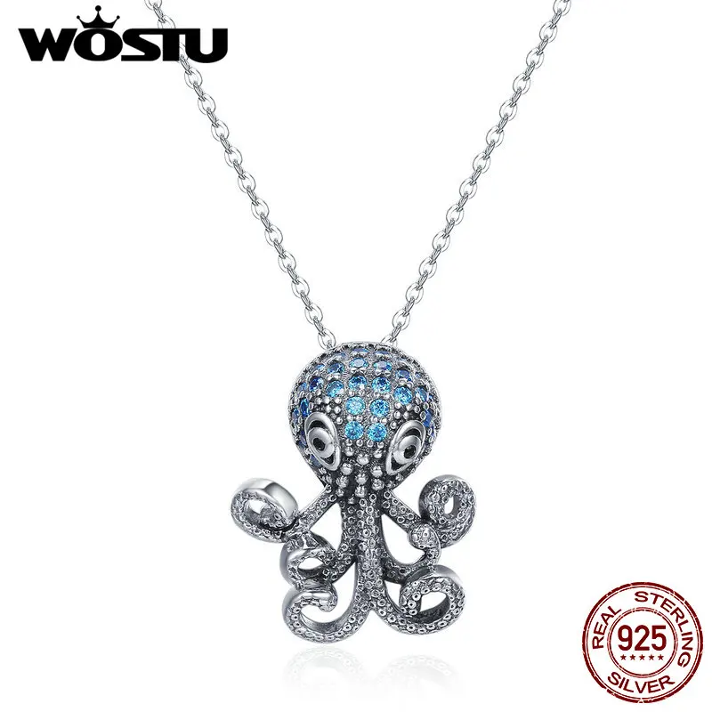 

WOSTU 100% 925 Sterling Silver Fancy Octopus Marine Animal Blue CZ Pendant Necklace Vintage Punk Style Jewelry Gift CQN166