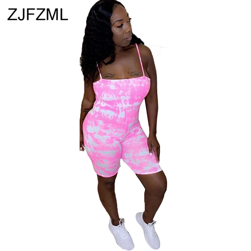 

Tie Dyeing Print Sexy Short Playsuits Women Spaghetti Strap Open Back Skinny Bodysuit Summer Strapless Sleeveless Beach Romper