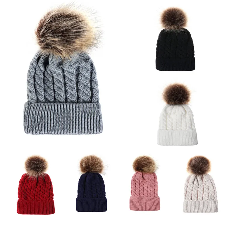 

Winter Hats For Kid Knit Beanie Baby Hat 2018 Children Fur Pom Pom Hats For Girls Boys Warm Cap