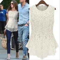Chic Fashion Classic White and Black Lace O-Neck Sleeveless Lace Tops Blouse,Europe and the United States Slim Shirt XS,M,L,XL