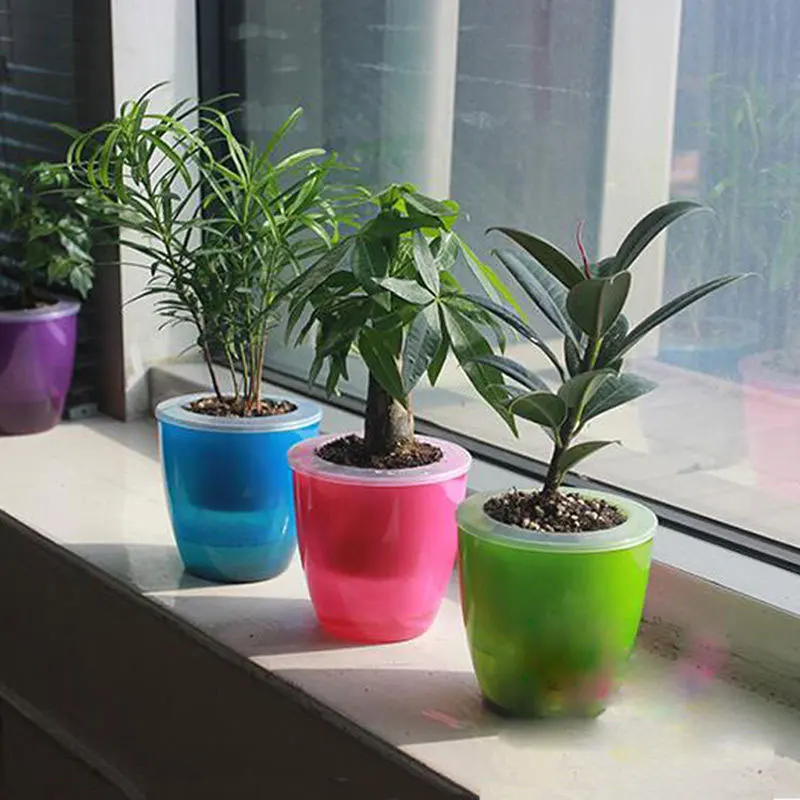 

1Pc 8.7*13*14cm Colorful Self-watering Plastic Flowerpot Creative Indoor Home Office Decoration Automatic Water Absorption