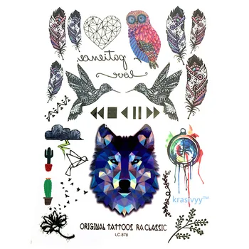

2017 new style Multi-style Fashion Cool Temporary Tattoo with Wolf Owl And Feathers 21x15cm fake tattoo makeup girl boy 878