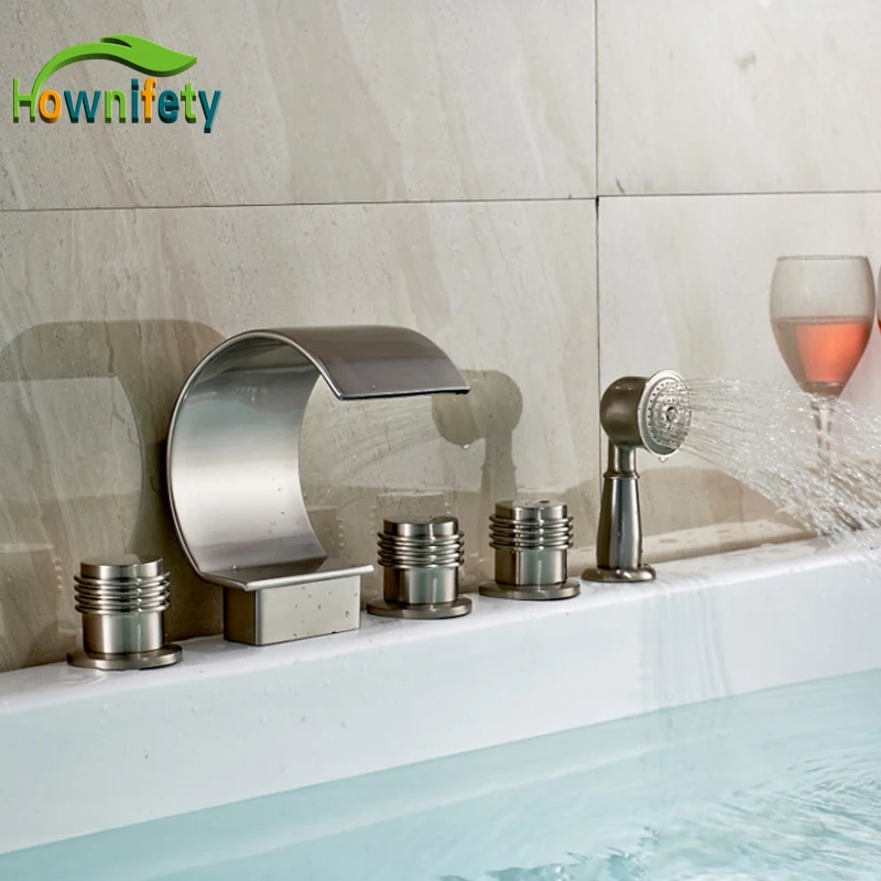 

Deck Mounted Bathtub Faucet Three Handles Mixer Valve Tap Brushed Nickel