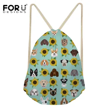 

FORUDESIGNS Dogs and Cats Heads Sunflower Florals Pet Fashion Drawstring Bag Backpack Casual Shopping Bags Female Mochila 2019