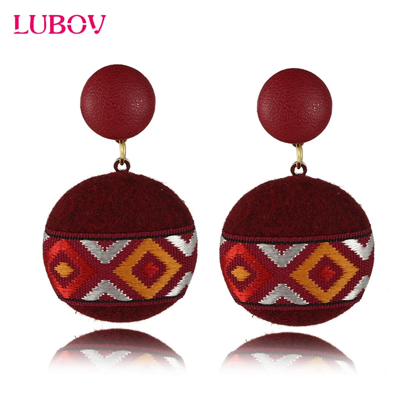 

Fashion Embroidery Pattern Round Velvet Cloth Metal Drop Earrings PU Leather Stud Piercing Earrings Women Fashion Jewelry 2018