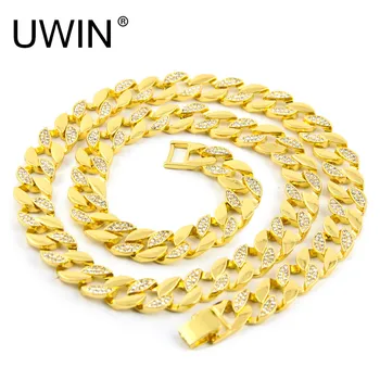 

UWIN Rapper Hip Hop Men's Necklace Bling Iced out 30" Half Rhinestone 15mm Miami Cuban Link Chain Necklace Fashion Punk Jewelry