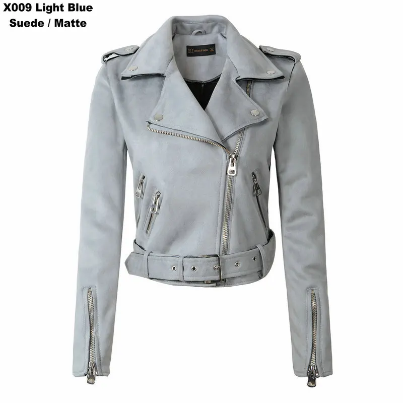 Высокое качество Женские Байкерские Куртки из искусственной замши женские мотоциклетные матовые Куртки из искусственной кожи на молнии с поясом серая уличная одежда - Цвет: X009 Light Blue