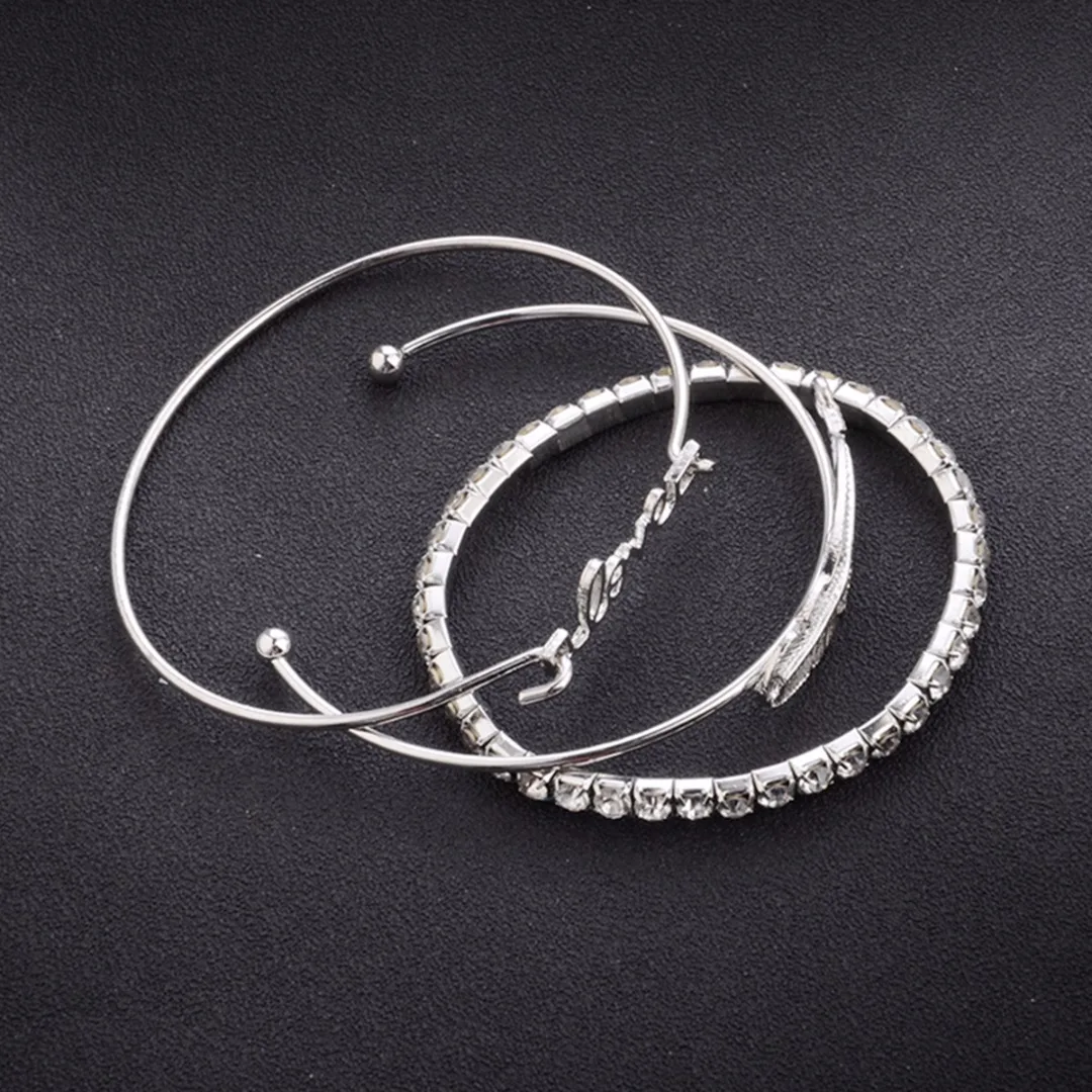 3pcs/Set Women Leaf Feather Love Crystal Rhinestone Open Bangle Bracelets