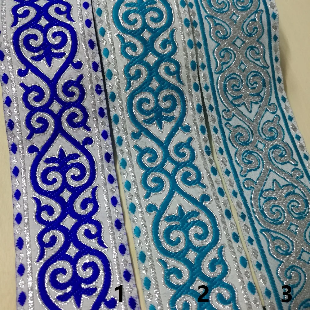 

50mm 5cm 2'' Moire Ethnic Filigree Blue Silver Classic Costume Curtain Decoration Laciness Lace National Jacquard Ribbon Webbing
