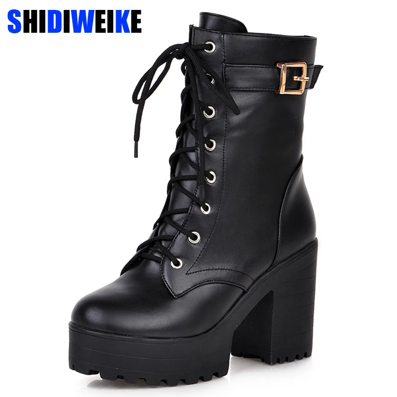 

Plus size 35-43 2017 High heels boots platform sexy lace-up winter boots square heel mid-calf Motorcycle ankle boots n205