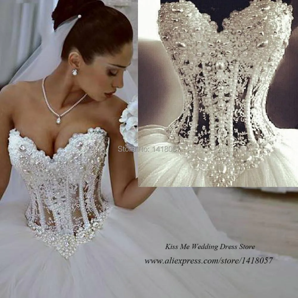 

Vestido de Casamento Real Sample Luxury Pearls Wedding Dresses Ball Gown 2015 Bridal Gowns Tulle Lace up Back Tulle