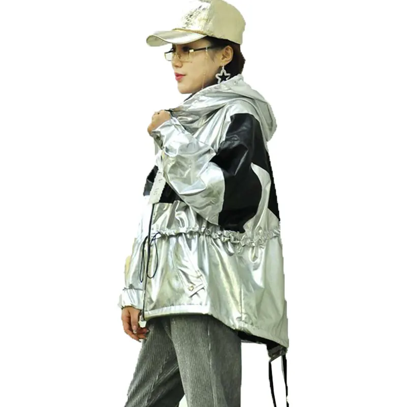 

Hip Hop Silver Windbreaker Jackets Women Patchwork Drawstring Waist Hooded Sweatshirt Streetwear Spring Long Outwear Jacket 182