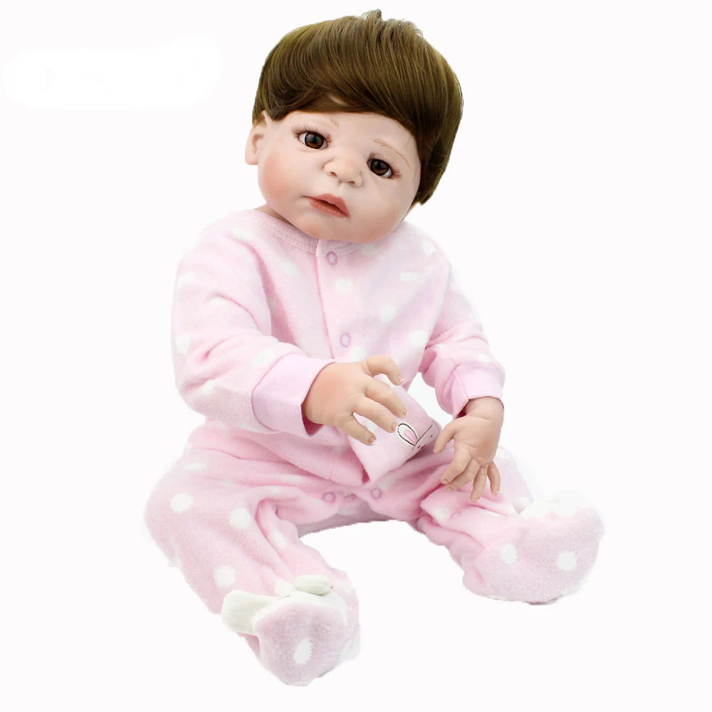 

Bebe girl reborn dolls 22" full silicone reborn baby dolls brown hair wig with pink romper high quality children doll gifts
